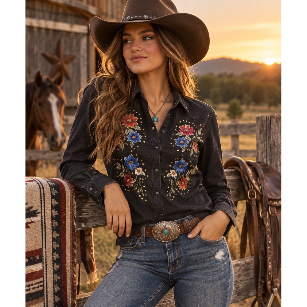 Buffalo David Bitton Thina Shirt Sz S Black Embroidered Studded Western Rodeo